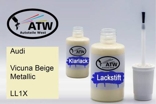 Audi, Vicuna Beige Metallic, LL1X: 20ml Lackstift + 20ml Klarlack - Set, von ATW Autoteile West.